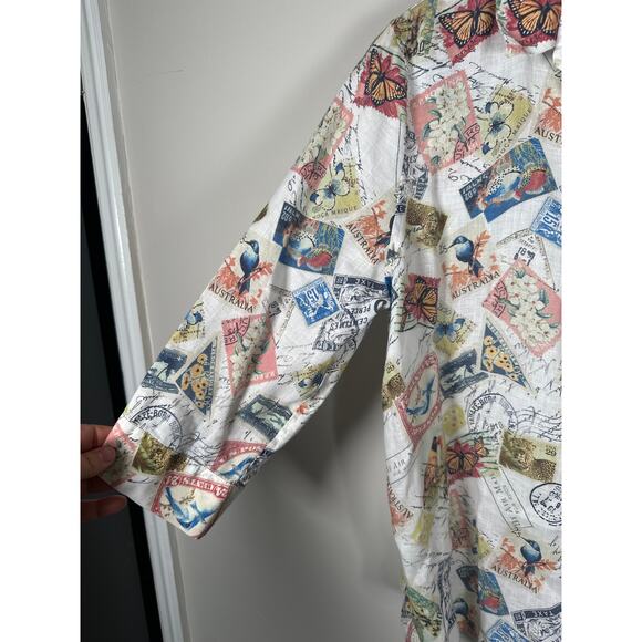 Chicos Women's Linen Postage Stamp 3/4 Sleeve Button-up Top Sz L (2) Travel - Picture 4 of 10